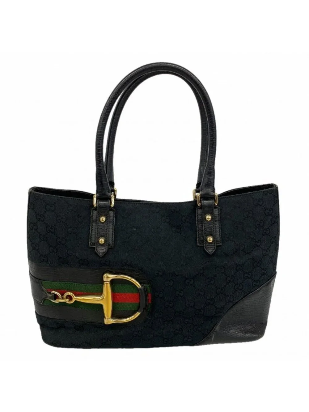 Gucci Tote GG Canvas Sherry Line Horsebit Black Gold
